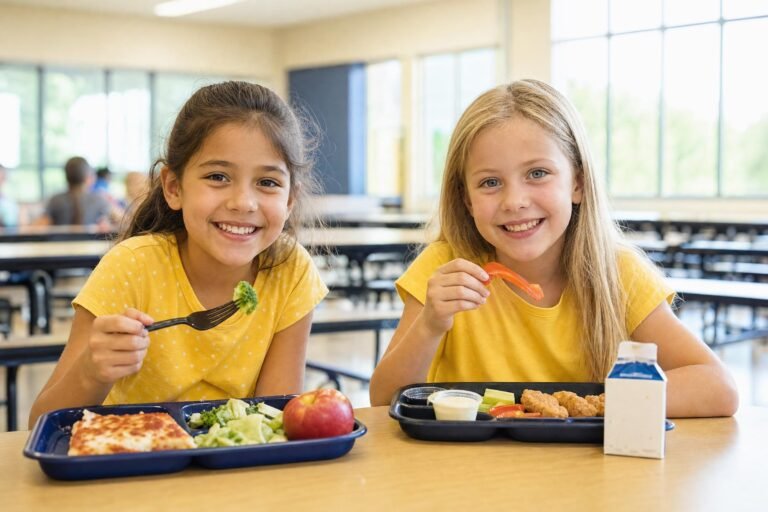 Two smiling young girls in yellow shirts eating lunch from trays at a table in a bright school cafeteria
