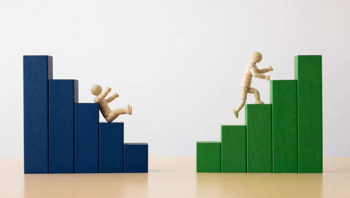 Two wooden blocks charts side by side one with descending dark blue blocks and a small figurine tumbling down the other with rising green blocks and a figurin | edCircuit Two wooden blocks charts side by side one with descending dark blue blocks and a small figurine tumbling down the other with rising green blocks and a figurin