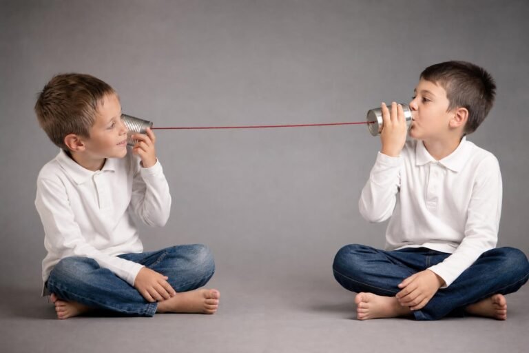 Two young boys in white shirts sitting cross-legged on the floor talking through a tin can telephone joined by string, plain gray studio backdrop