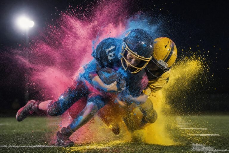 Two youth football players colliding mid-tackle on a field at night, bursts of bright pink, blue and yellow coloured powder exploding around them, dramatic stad
