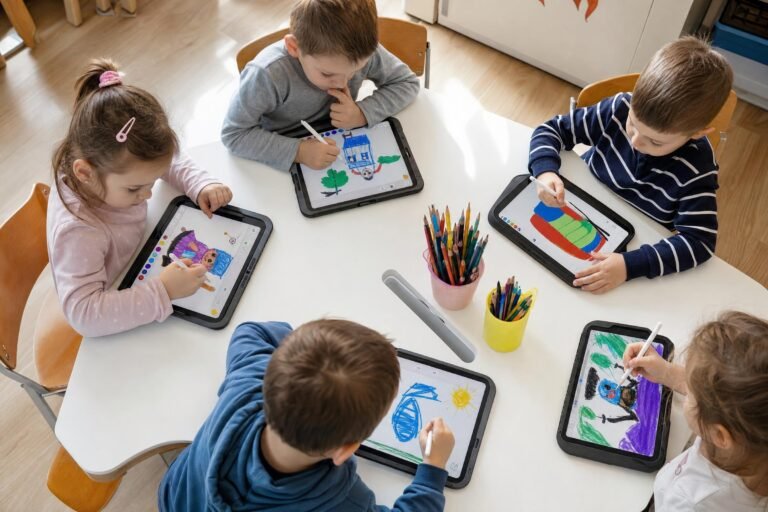 Young children at a white table using several tablet computers with drawing apps, bright classroom daylight