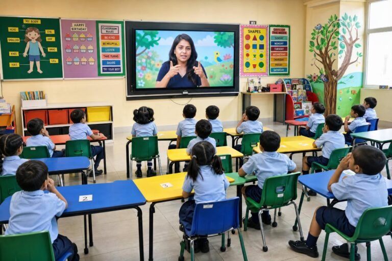 Young uniformed children seated at small tables in a colorful classroom watching a teacher on a large screen at the front, bright daylight