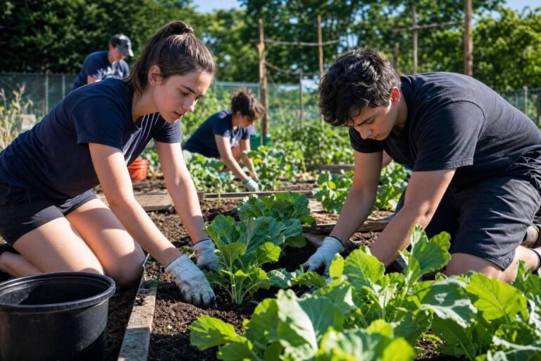 Young volunteers kneeling in raised garden beds planting large leafy plants with gloves and buckets in a community garden, sunny afternoon