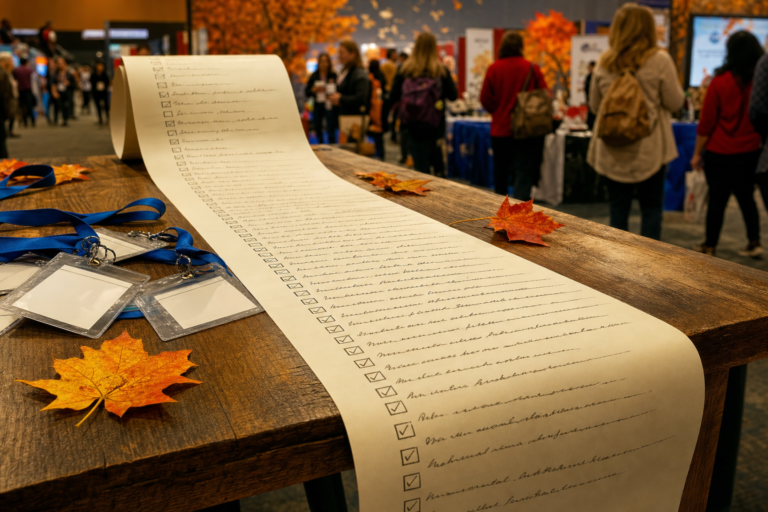 Fall education conference recommendations: a long checklist unrolling across a table in a busy education conference hall, with name badges on lanyards and autumn leaves