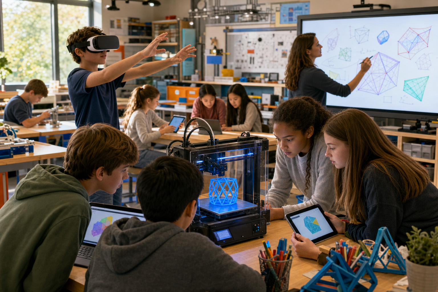 EdTech news, classroom technology for schools: students build with a 3D printer, explore in a VR headset and work on tablets while a teacher sketches on a touch screen