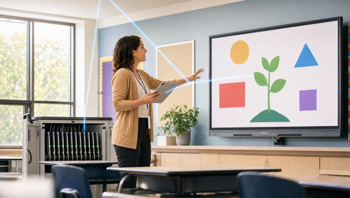 Educational technology guide | edCircuit A teacher sends a lesson from her tablet to a classroom display linked by lines of light to a laptop charging cart and a ceiling Wi Fi access point