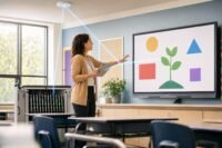 A teacher sends a lesson from her tablet to a classroom display linked by lines of light to a laptop charging cart and a ceiling Wi Fi access point