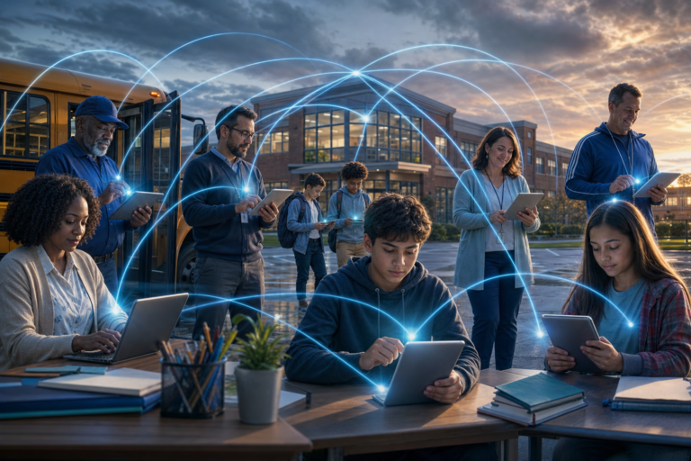 Teachers, students and school staff linked by glowing lines between their devices, edtech serving the whole school