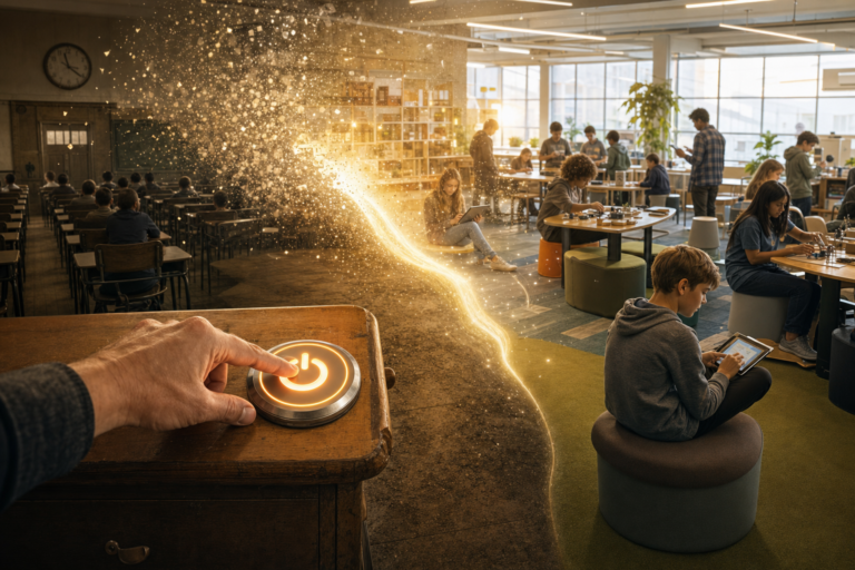 A hand presses a glowing reset button on an old school desk as rows of desks and a wall clock dissolve into an open learning space where students of different ages work at their own pace