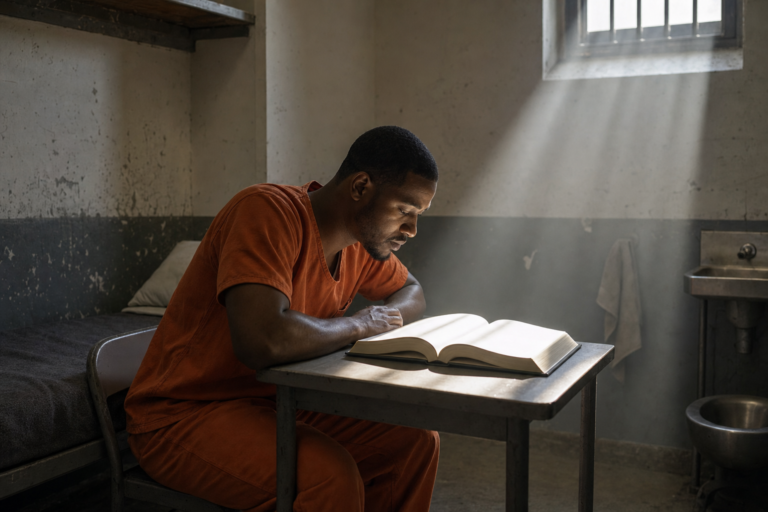 Man in prison uniform reading a college textbook in a beam of light