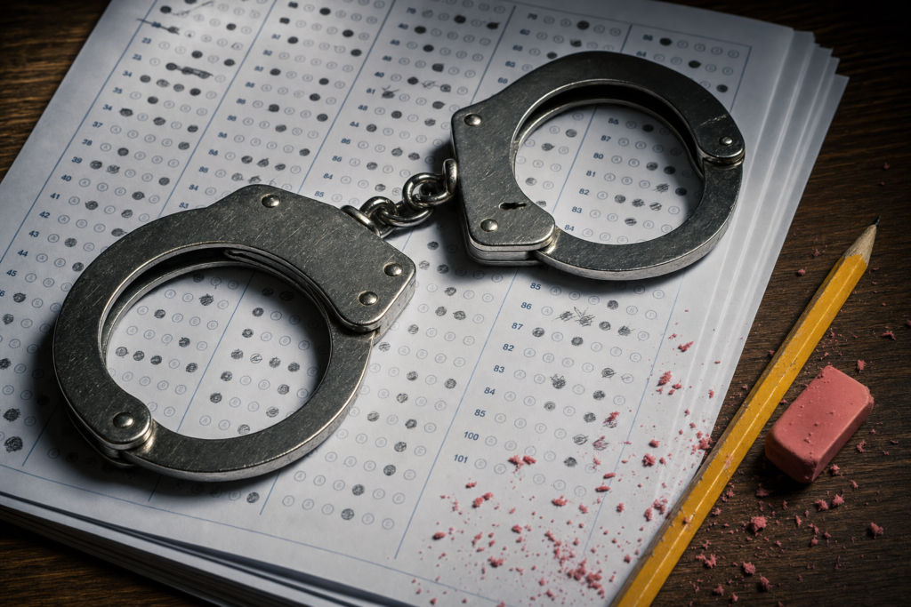NYT Educators Convicted in School Cheating Scandal | edCircuit Handcuffs on a stack of altered test answer sheets a school cheating scandal