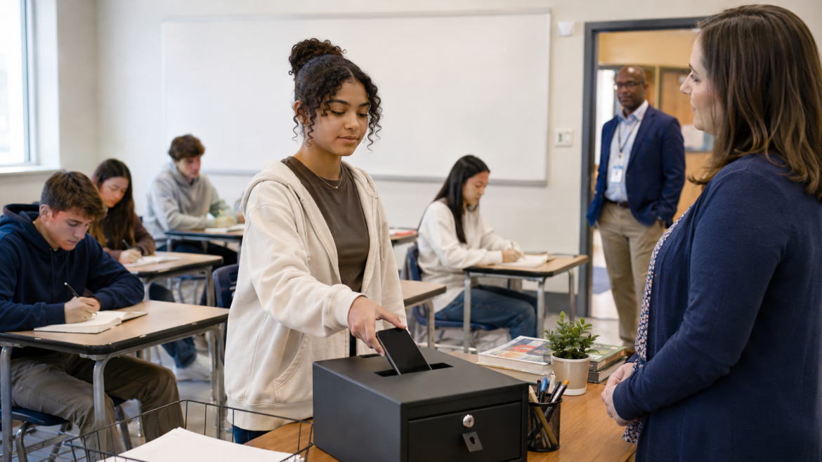 A student drops her phone into a locked collection box on a desk as a teacher watches and an administrator stands by the door