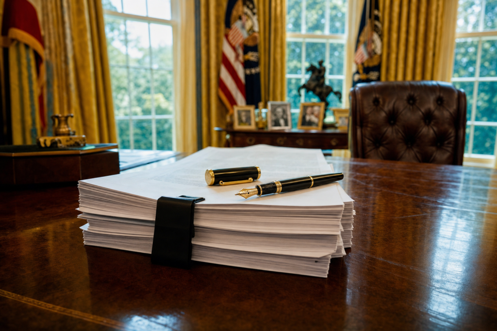 Education Week ESEA Rewrite Passes Senate Heads to Presidents Desk | edCircuit Ribbon tied bill waiting on a presidential desk with a pen a law heading to the president