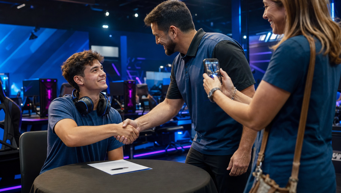 Esports Scholarships How Students Can Earn Money for College | edCircuit Esports scholarships a high school senior shakes a college esports coachs hand at signing day as his mother takes a photo