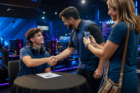 Esports scholarships a high school senior shakes a college esports coachs hand at signing day as his mother takes a photo