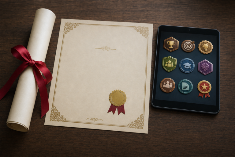 Diploma, certificate and digital badges on a tablet in a row, the evolution of credentials