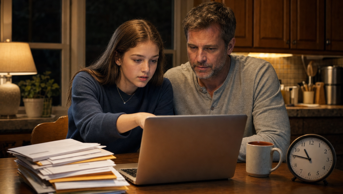 FAFSA deadline a high school senior and her father finish a financial aid application on a laptop late in the evening