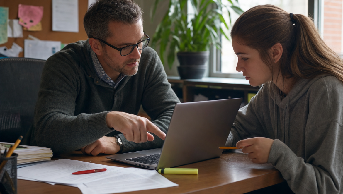 FAFSA errors a school counselor points out a correction on a laptop as a high school senior catches the mistake