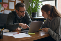 FAFSA errors a school counselor points out a correction on a laptop as a high school senior catches the mistake