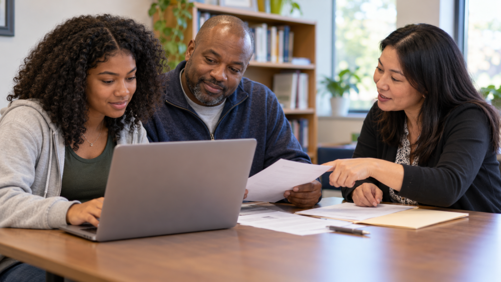 Three colleagues sit at a table looking at a laptop and discussing | edCircuit Three colleagues sit at a table looking at a laptop and discussing printed documents in a library setting