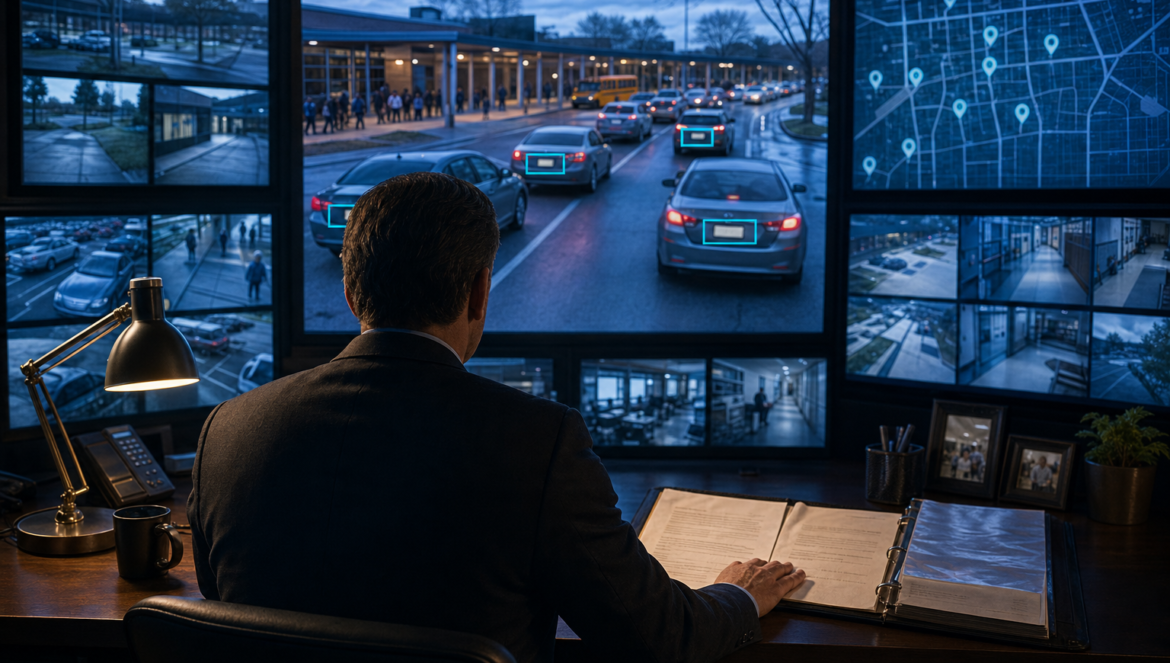 Flock Cameras in Schools Safety or Surveillance | edCircuit Flock cameras in schools safety or surveillance an administrator watches a camera wall tracking licence plates in the school drop off line a hand on an open privacy policy binder