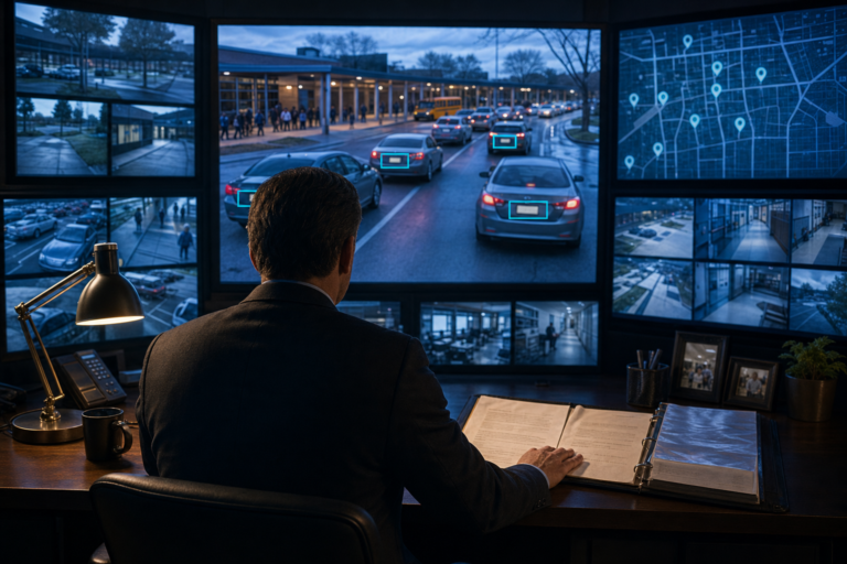 Flock cameras in schools, safety or surveillance: an administrator watches a camera wall tracking licence plates in the school drop-off line, a hand on an open privacy policy binder