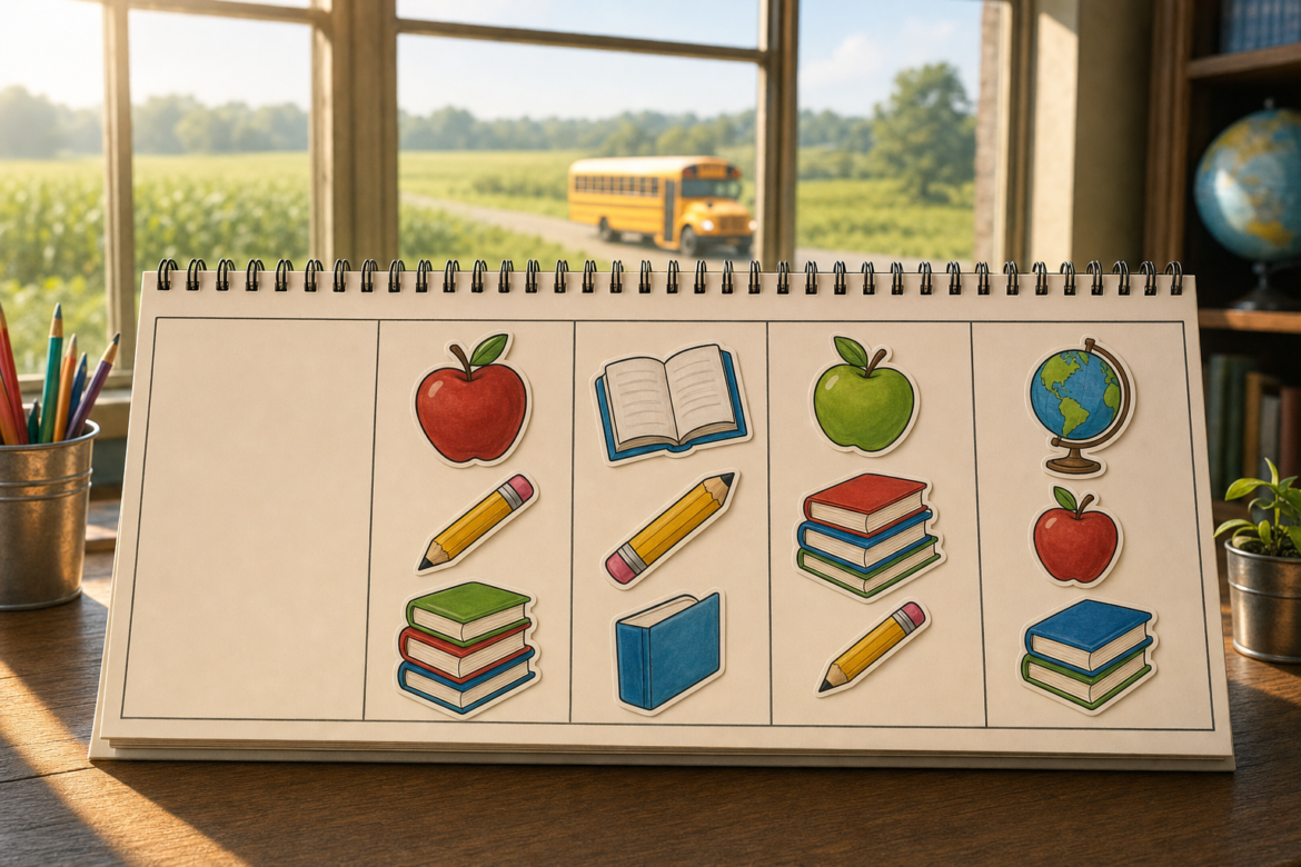 The four-day school week: a desk calendar with four school days filled and one day empty, a rural school bus outside