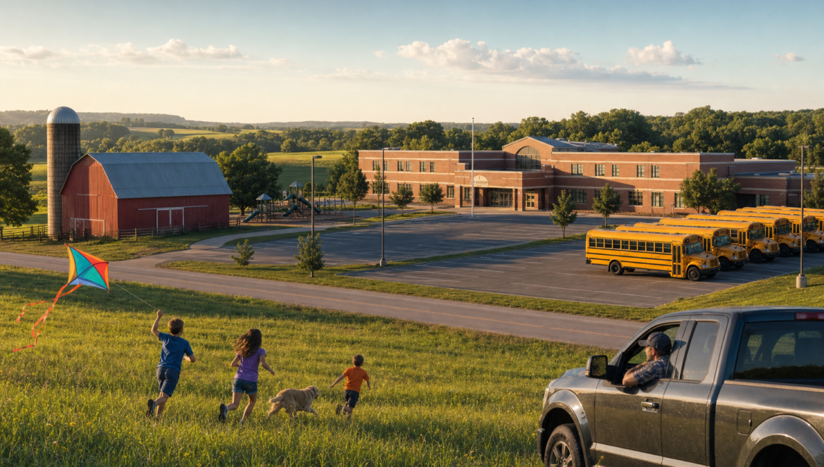 Four day school week a quiet rural school with parked buses on a weekday off as children fly a kite across the road
