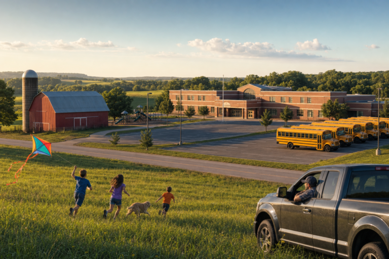 Four day school week a quiet rural school with parked buses on a weekday off as children fly a kite across the road