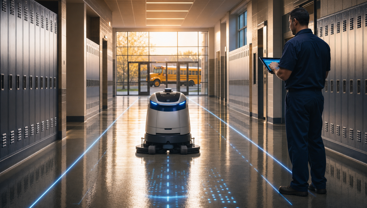 Future of AI in schools an autonomous floor scrubbing machine follows glowing blue route lines down a school hallway at sunrise while a facilities worker watches on a tablet and a yellow school bus waits outside