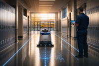 Future of AI in schools an autonomous floor scrubbing machine follows glowing blue route lines down a school hallway at sunrise while a facilities worker watches on a tablet and a yellow school bus waits outside