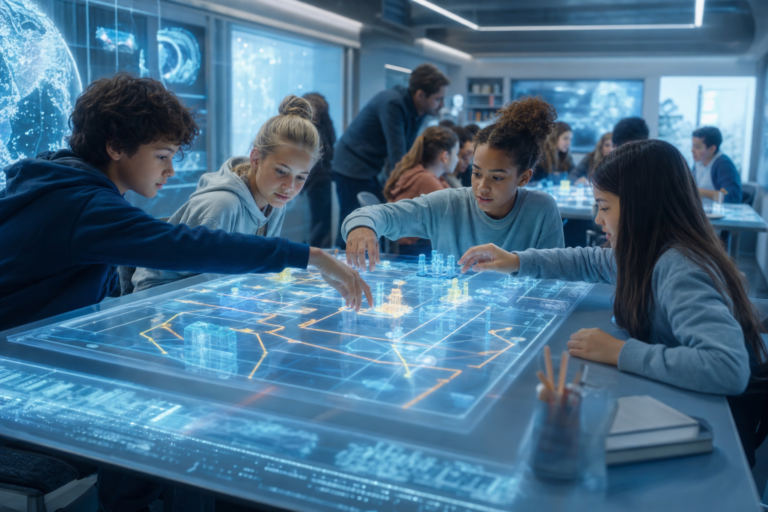 Holographic game board floating above desks in a classroom of tomorrow