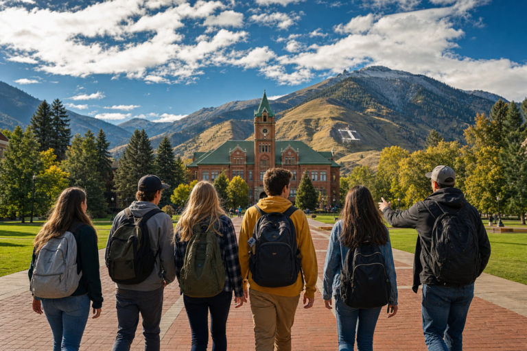 Rural high school students on a college campus visit with mountains behind, gearing up for higher education