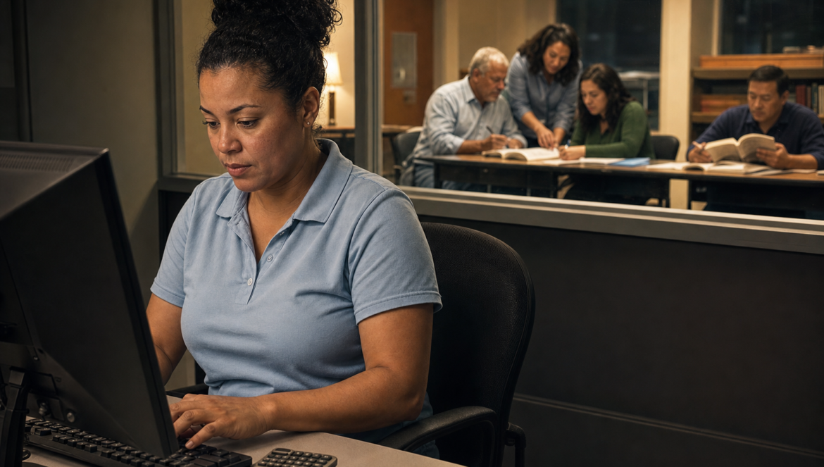 GED Test Subjects Cost Passing Score and How to Prepare | edCircuit GED test an adult learner takes the exam at a computer while classmates study with a teacher behind a glass wall