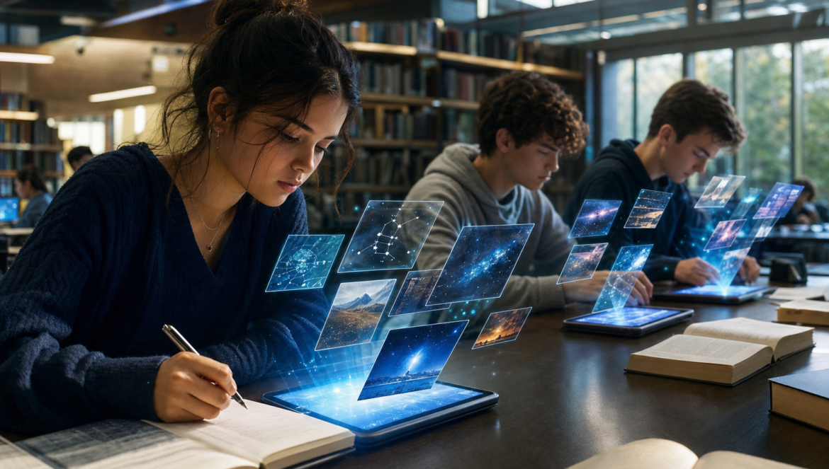 Gen Z students a student writes in a notebook while digital panels rise from her tablet in a school library
