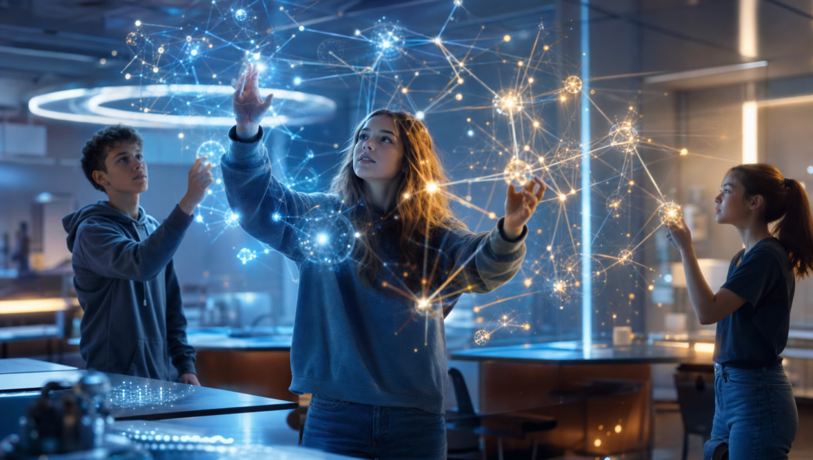Generation knowledge students build a glowing network of knowledge together in a futuristic classroom