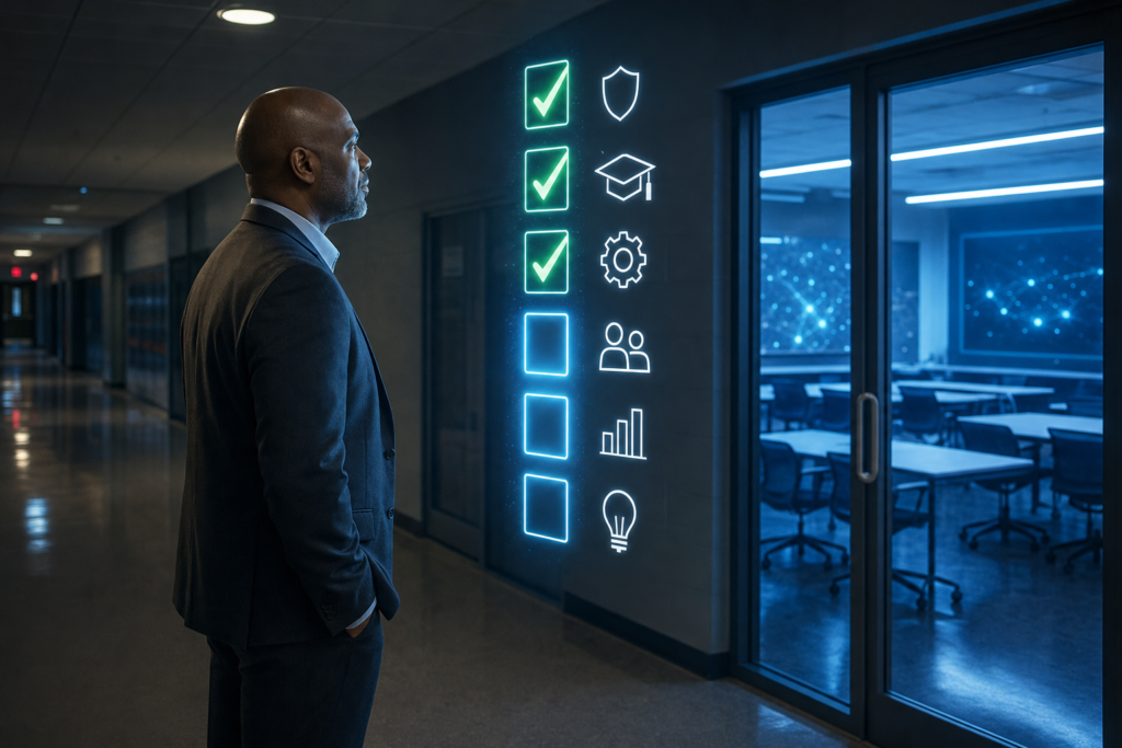 Introducing the Generative AI Readiness Checklist | edCircuit A school district leader in a hallway faces a glowing checklist with three items ticked beside a classroom lit with AI blue light