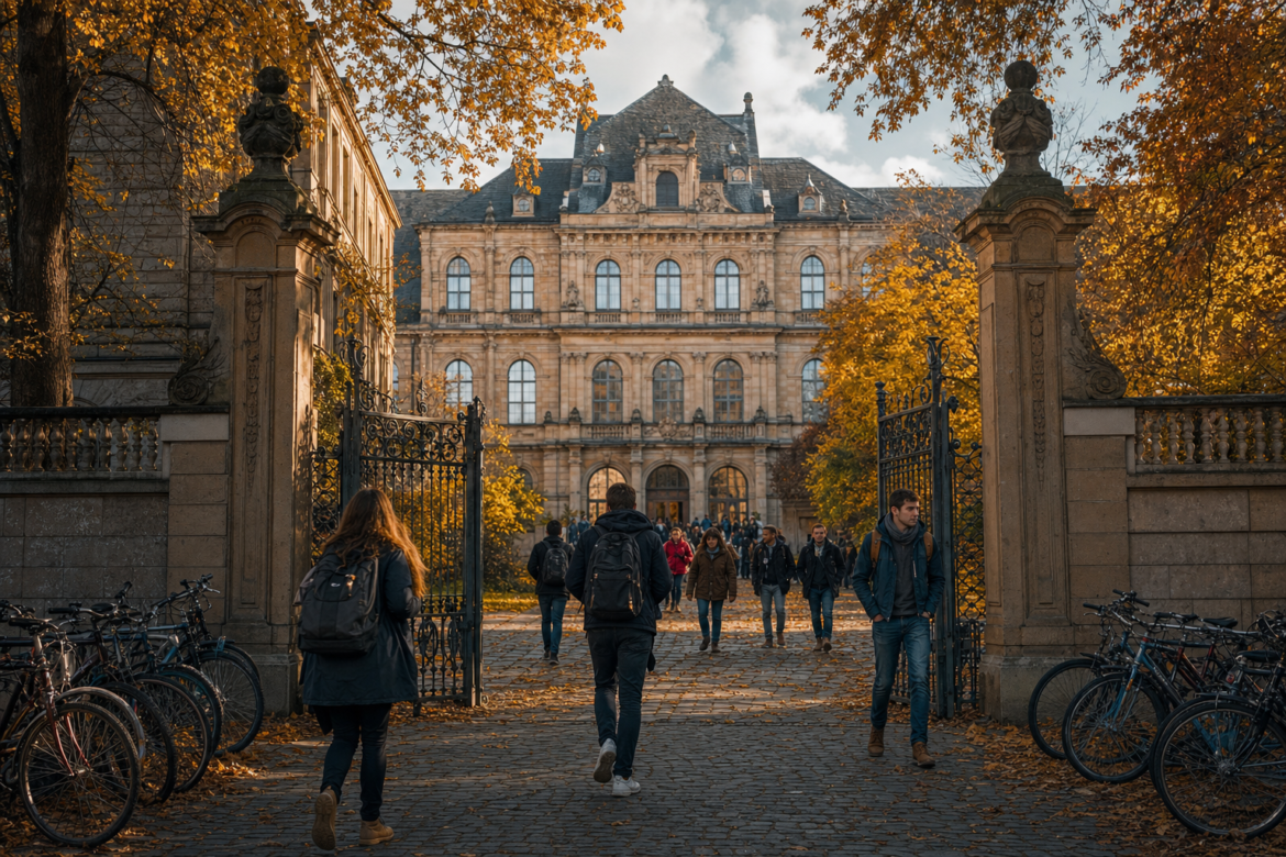 Students walking into a German university, tuition-free college