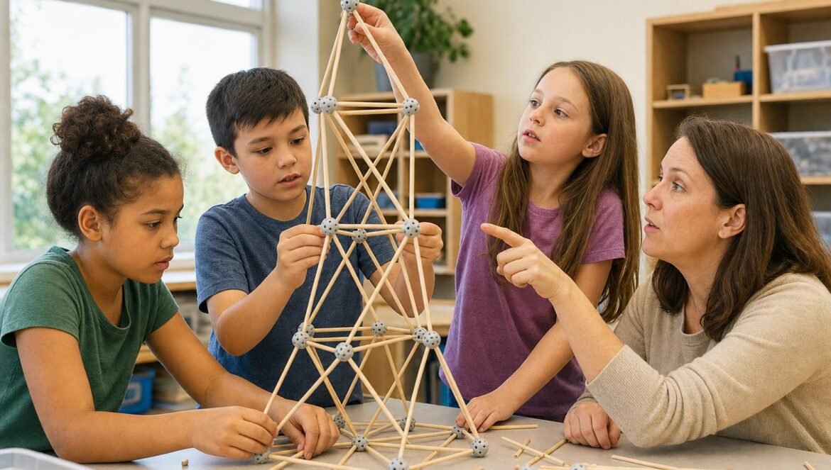 Three upper-elementary students in a gifted and talented program build a tall geometric structure from sticks and connectors while their teacher asks a probing question