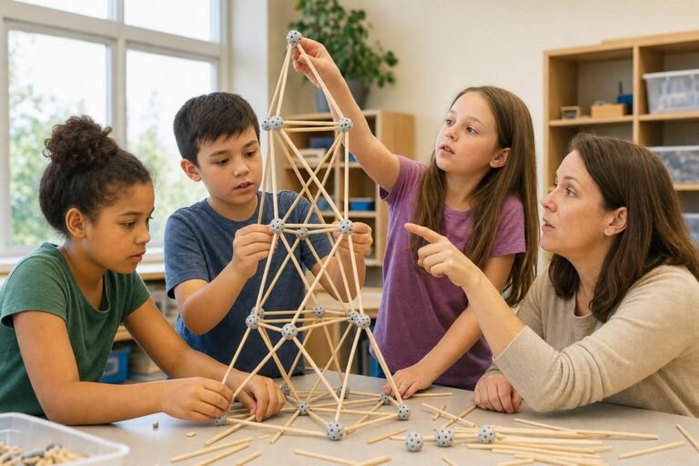 Gifted and Talented Education A Guide for K12 Schools | edCircuit Three upper elementary students in a gifted and talented program build a tall geometric structure from sticks and connectors while their teacher asks a probing question
