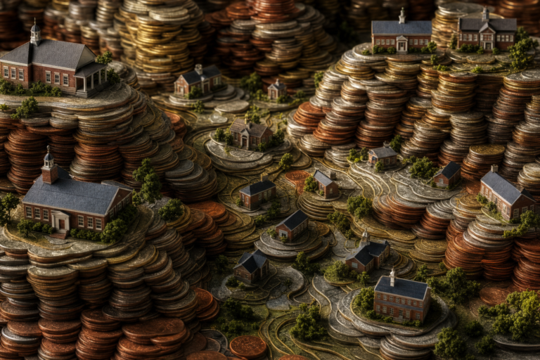 Relief map of uneven coin-stack hills with tiny schools, the lay of the gifted funding land
