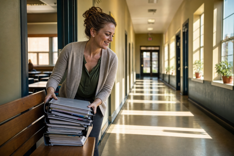 Teacher setting down a heavy stack of binders and stepping into sunlight, a break for teachers