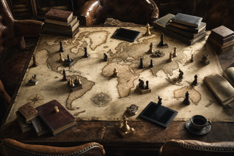 Chess pieces and textbooks placed across a world map, the global education market