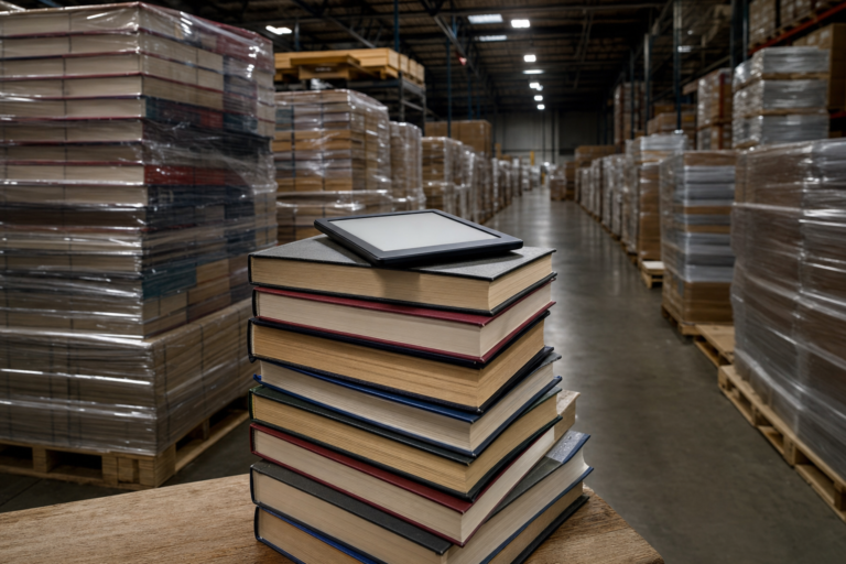 E-reader on top of heavy textbooks in a warehouse of unsold books, the textbook industry