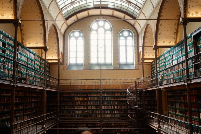 High-ceiling library with shelves of books and a spiral staircase, featuring large arched windows