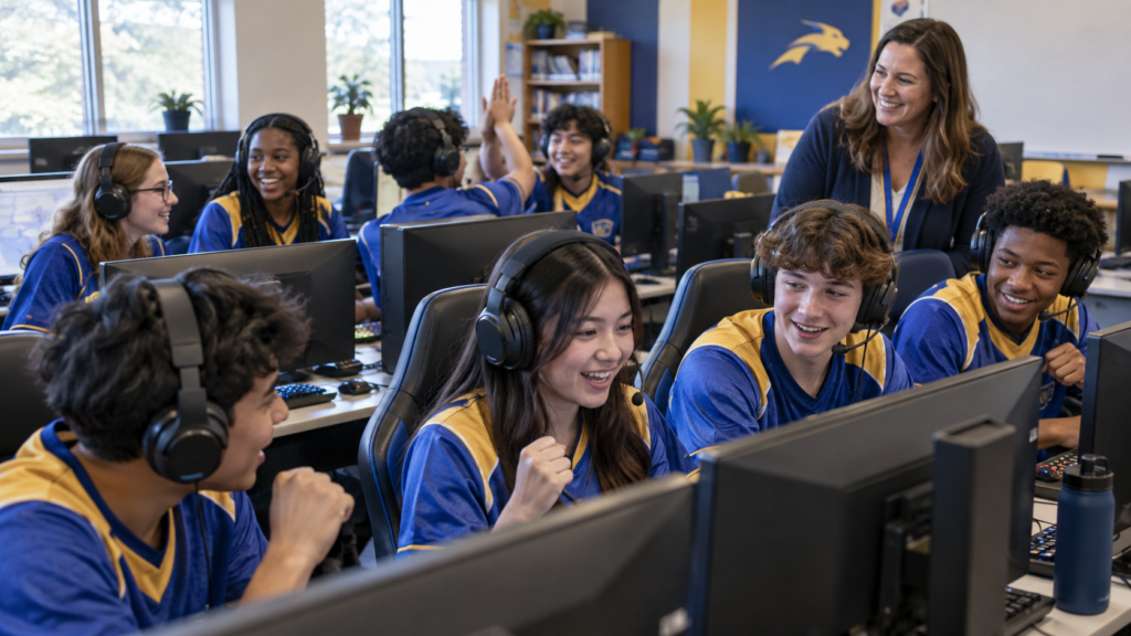 Esports team students in blue and gold jerseys with headsets at computers share a high five as their teacher smiles
