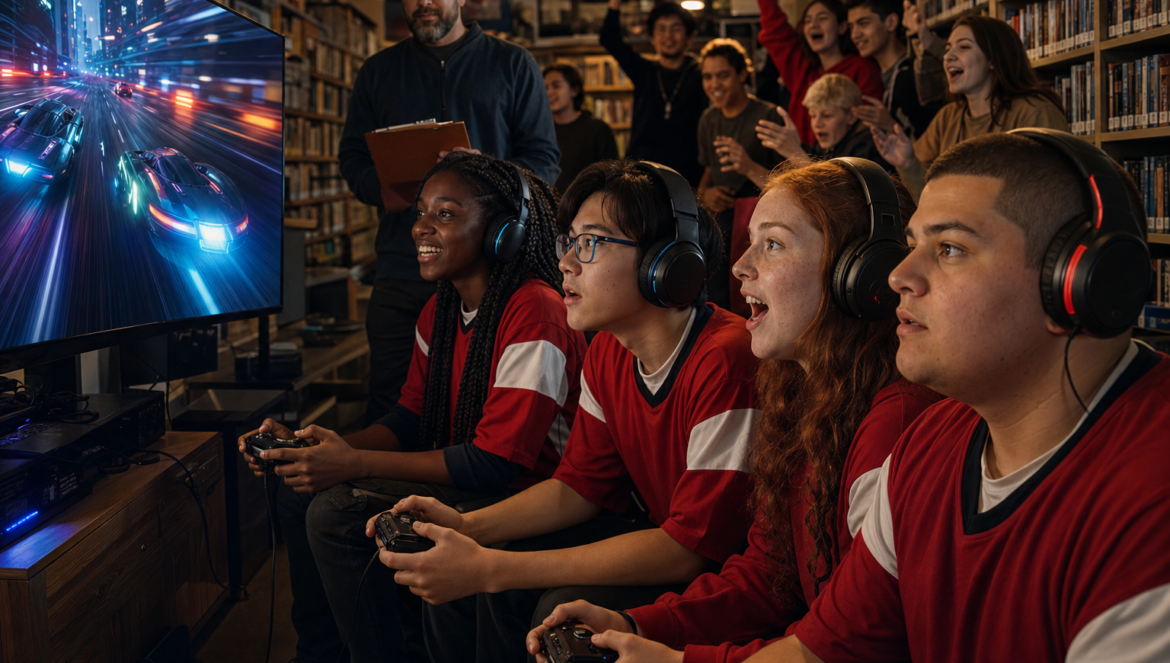 Esports league four students in red team jerseys play a league match in the school library as classmates cheer