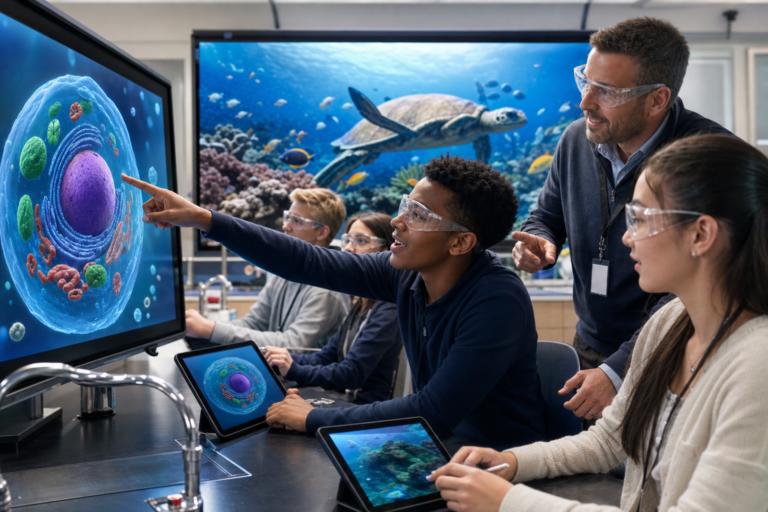 High school science students in safety goggles explore interactive 3D cell and ocean lessons on large screens and tablets with their teacher