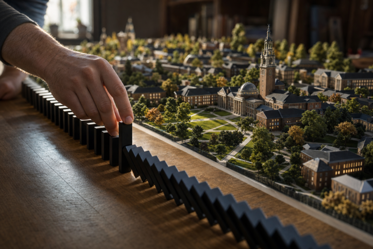 Hand stopping falling dominoes before a university model, managing disruption