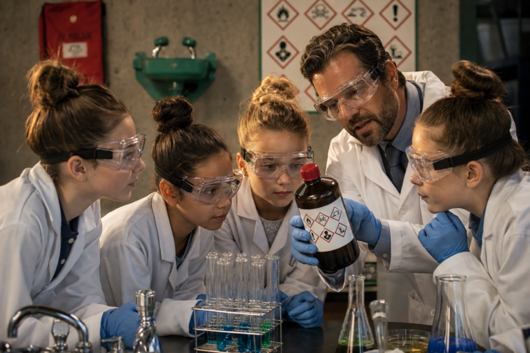Holistic science safety training: a science teacher teaches students in sealed goggles, gloves and lab coats to read the hazard symbols on a chemical bottle beside an eyewash station